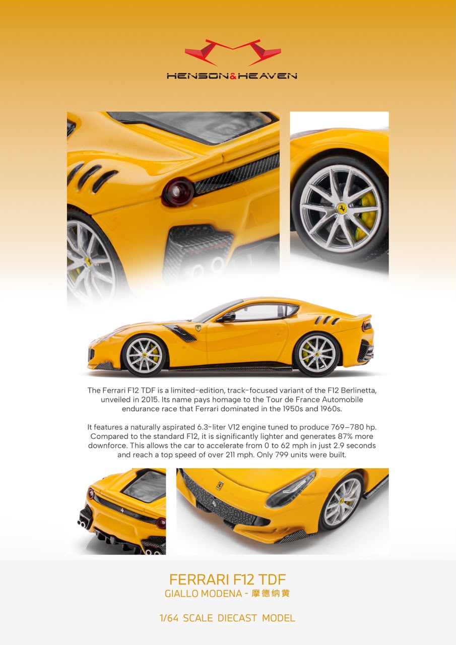 HH Model - Supercar F12 TDF - Giallo Modena - 1:64 Diecast Model - Pre Order