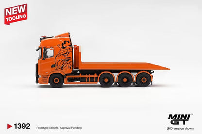 Mini GT Scania 770S B8X4NA Hooklift Flatbed Orange 1:64 diecast model