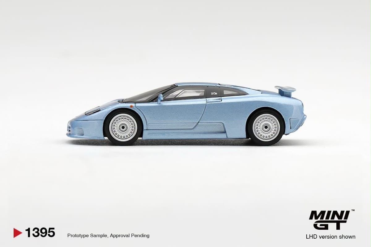 Mini GT Bugatti EB110 GT Azzurro Metallizzato Mondial de l'Automobile 1992 1:64 diecast model