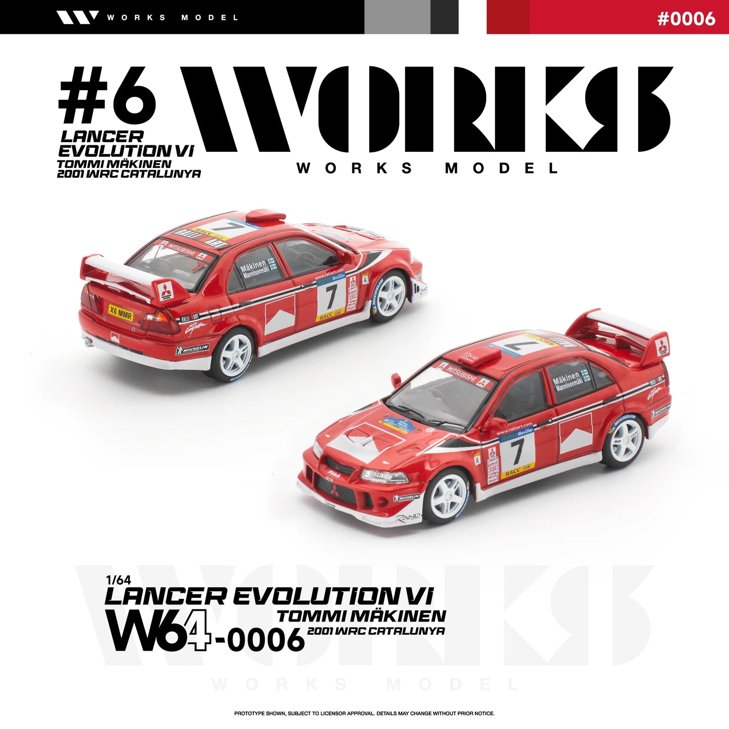 Works Model - Mitsubishi Lancer Evolution VI Tommi Makinen 2001 WRC Catalunya, 1:64 Scale - Pre Order