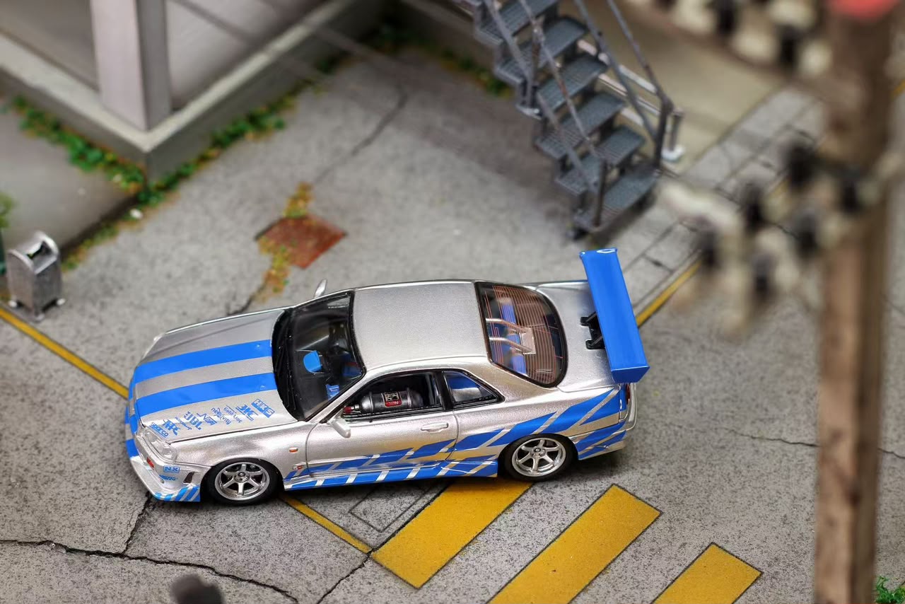 Mega Mega - Skyline GT-R R34 Movie Version Diecast Model - Silver Blue Livery - 1:64 Scale Model - PRE ORDER