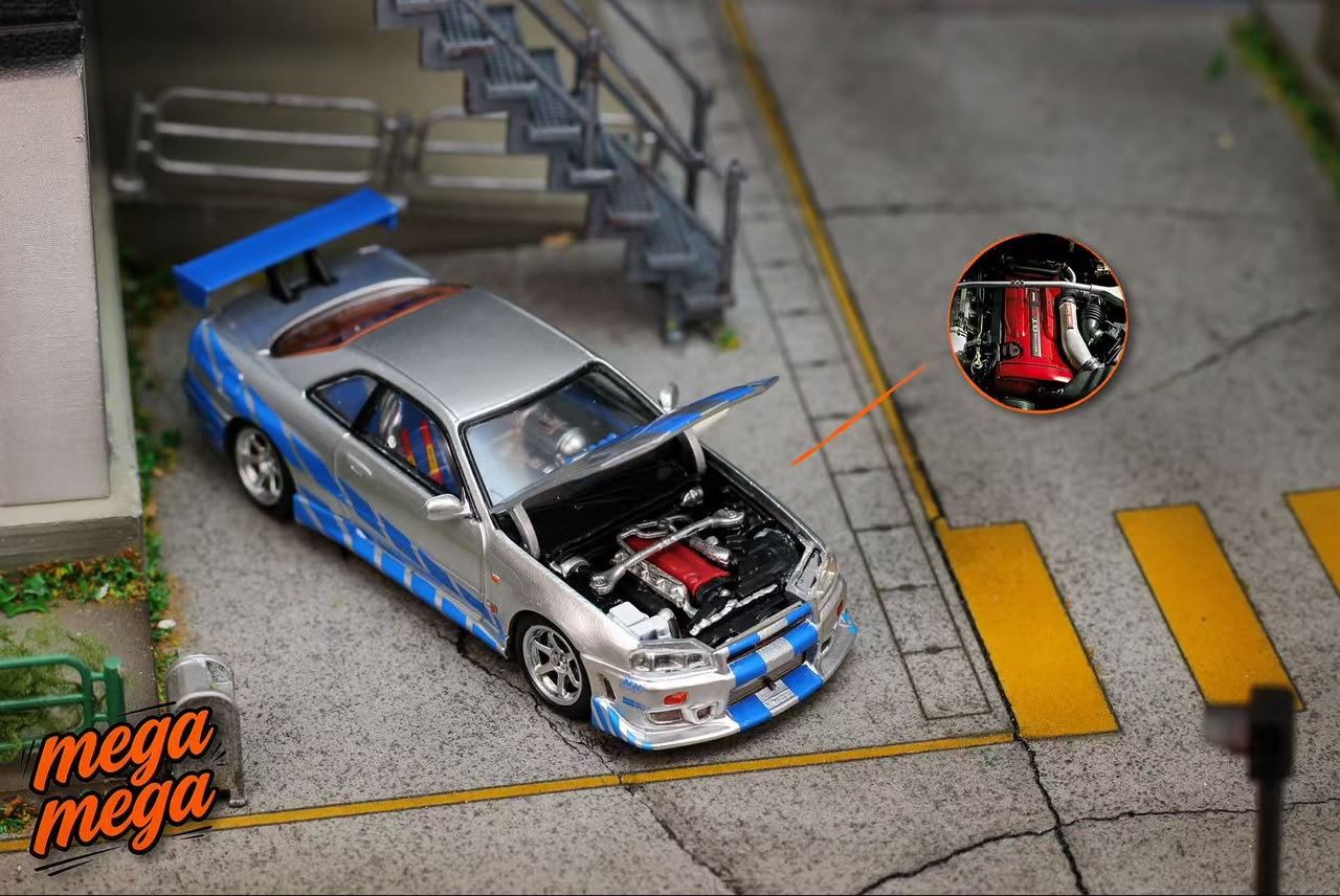 Mega Mega - Skyline GT-R R34 Movie Version Diecast Model - Silver Blue Livery - 1:64 Scale Model - PRE ORDER