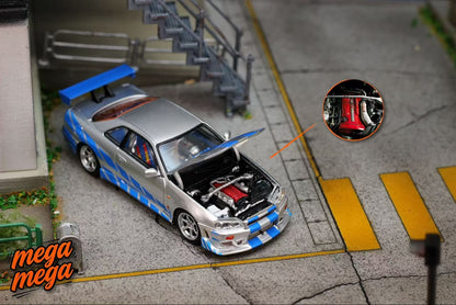 Mega Mega - Skyline GT-R R34 Movie Version Diecast Model - Silver Blue Livery - 1:64 Scale Model - PRE ORDER