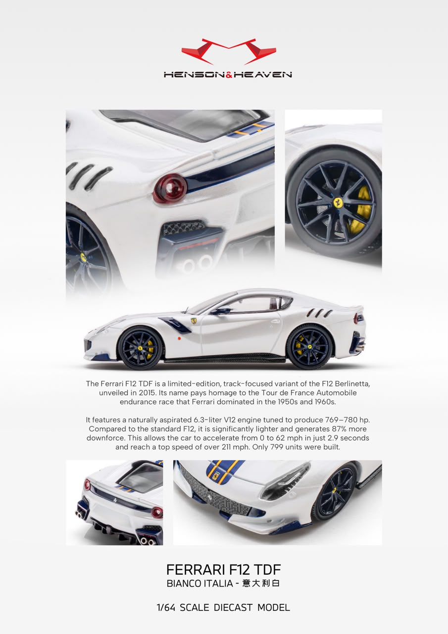 HH Model - Supercar F12 TDF - Bianco Italian - 1:64 Diecast Model - Pre Order