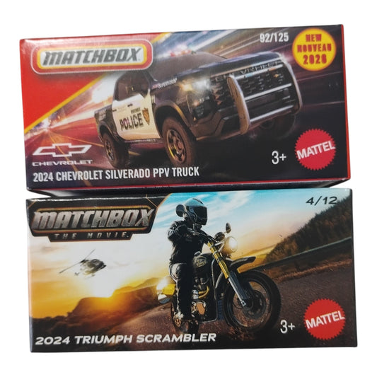 Matchbox - 2024 Triumph Scrambler & 2024 Chevrolet Silverado PPV Truck - 1:64 Scale Model - Torque Tribe